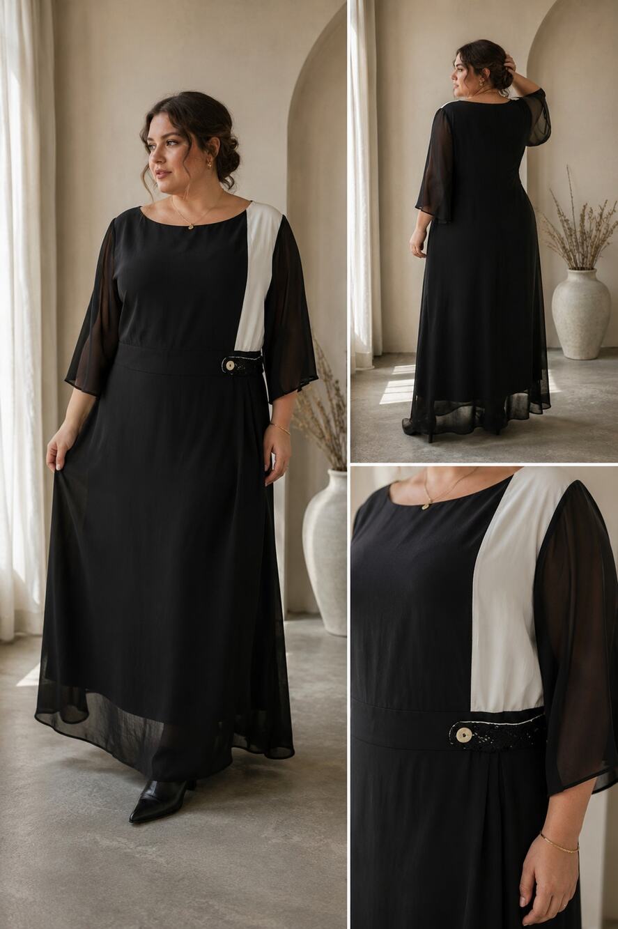 Vintage Black White Sheer Sleeve Flowy Dress Size XL Modern Minimalist Ladylike